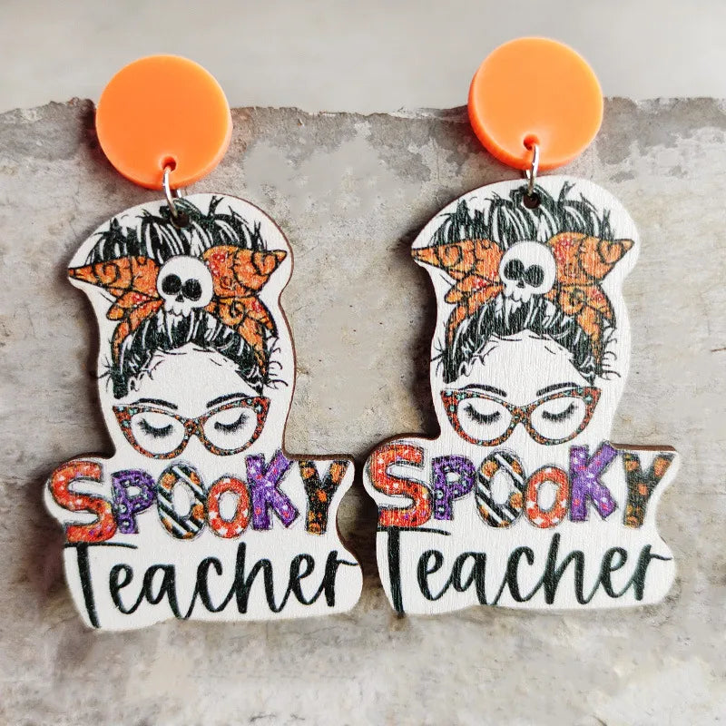 Wood Spooky Teacher Earrings