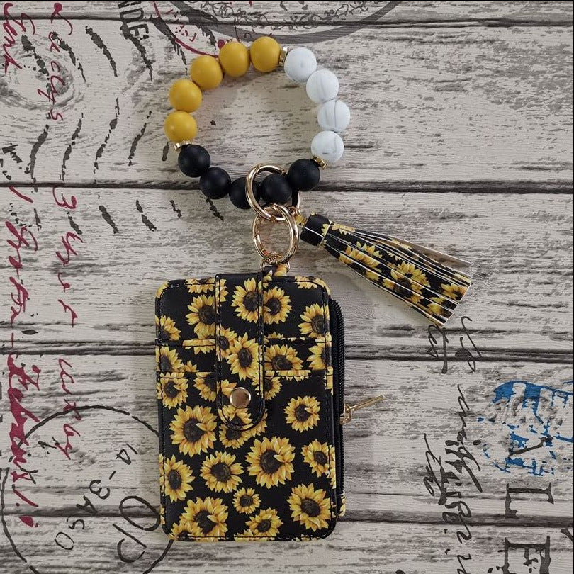 Beaded Bracelet Keychain Wristlet Wallet Card Holder with Zipper Pocket (Floral)