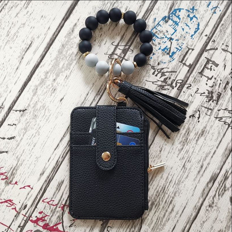 Beaded Bracelet Keychain Wristlet Wallet Card Holder with Zipper Pocket (Multicolors Solid Print)