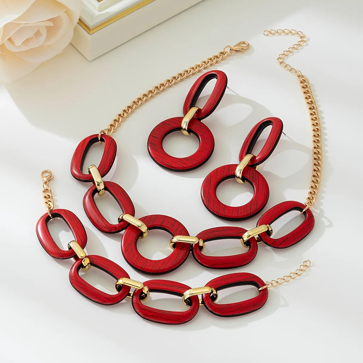 Wood Cuban Link Necklace, Earring, Bracelet 3 Piece Set (Red, Gold)
