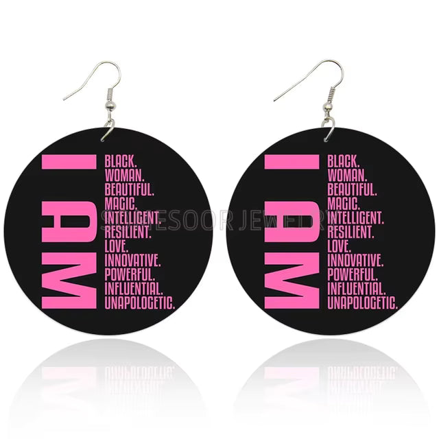 Cultural Wood Fashion Earrings - I Am (Black, Pink)