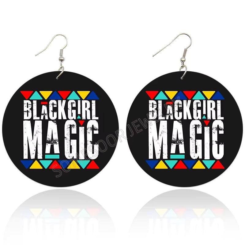 Cultural Wood Fashion Earrings - Black Girl Magic (Black, Green, Yellow, Red, Blue Multi-Colors)