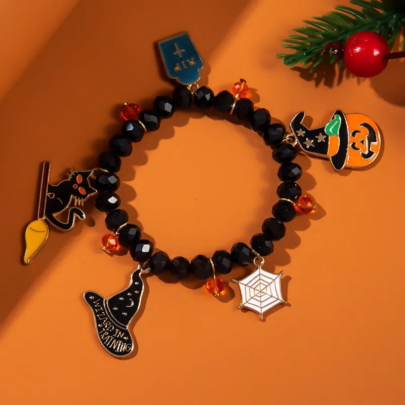 Halloween Bead Charm Bracelet (Pumpkin, Cat, Hat Multi Color)
