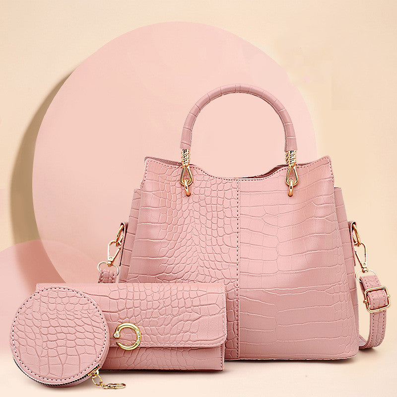 3 Piece Crocodile Pattern Fashion Purse Set (Light Pink)