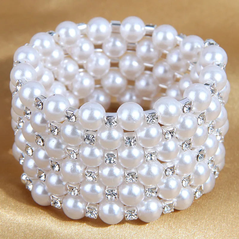 Fashion Multi-layer Pearl Bracelet (White, Silver)