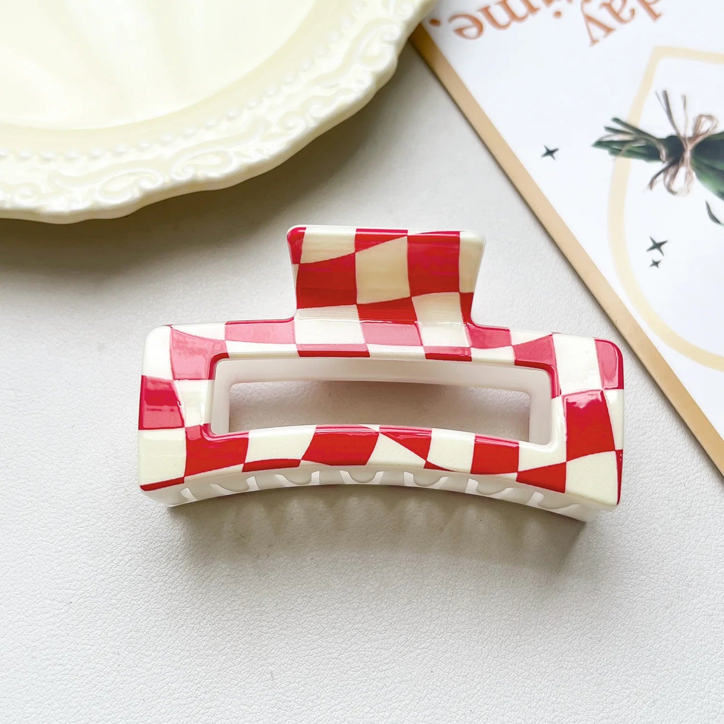 Red & White Checkered Print Hair Claw