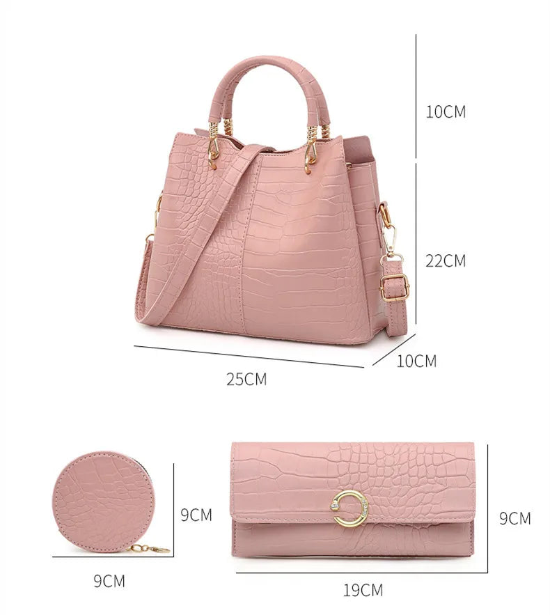3 Piece Crocodile Pattern Fashion Purse Set (Light Pink)