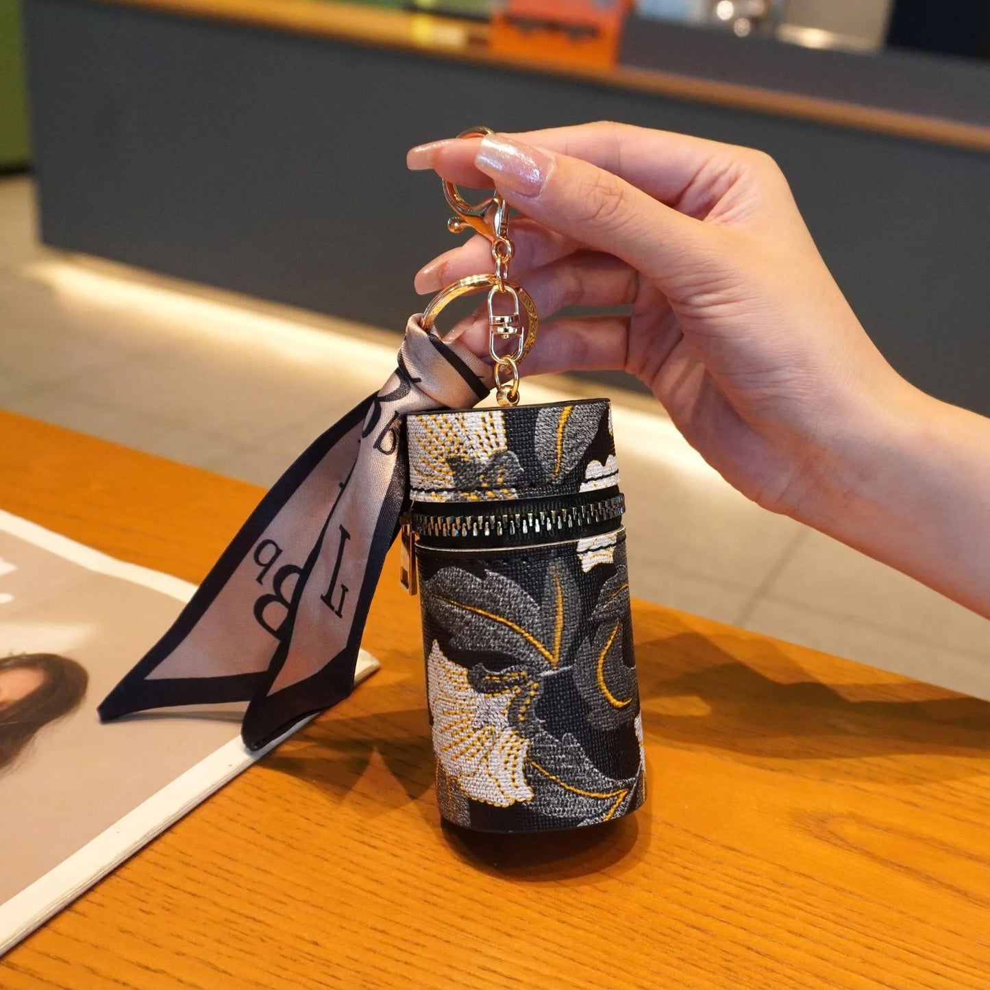 Glam Floral Lipstick/Chapstick Holder Keychain (Black, White, Gold)