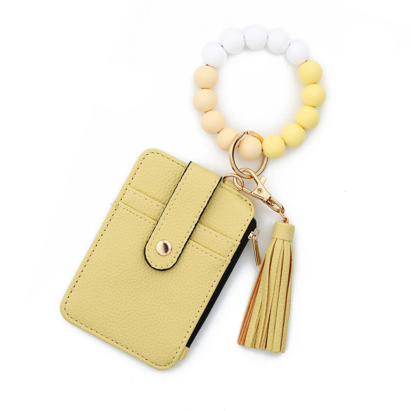 Beaded Bracelet Keychain Wristlet Wallet Card Holder with Zipper Pocket (Multicolor,Yellow)