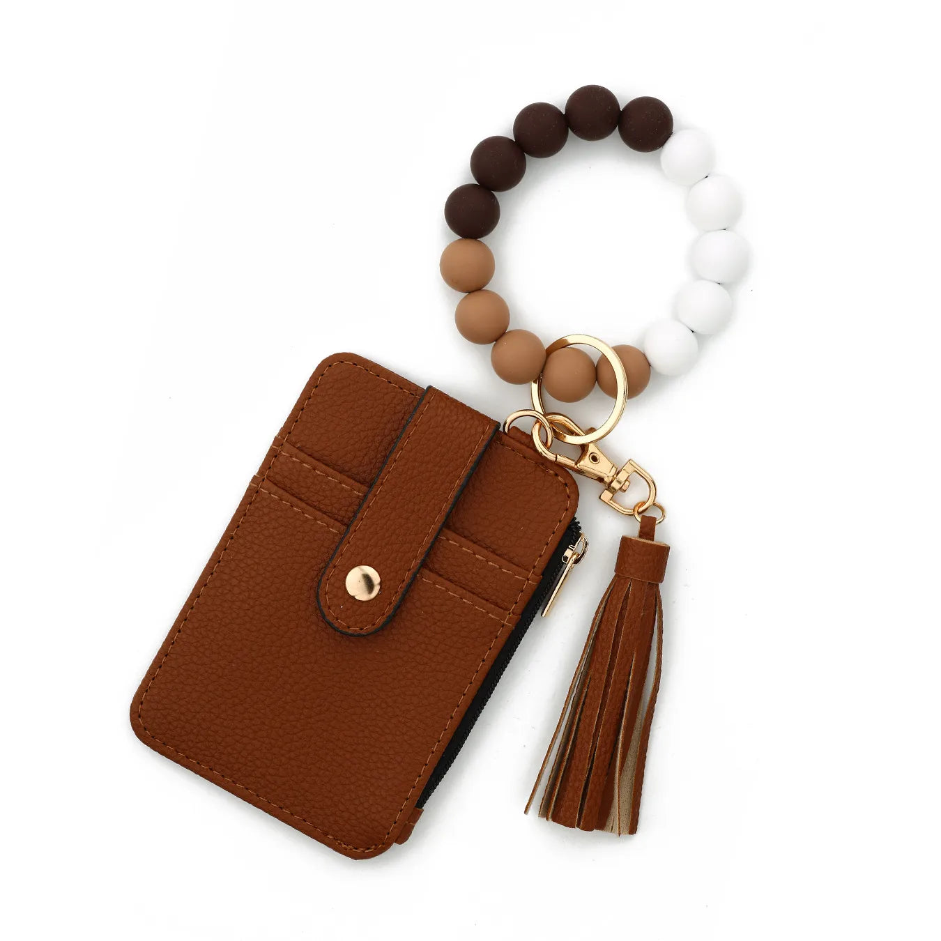 Beaded Bracelet Keychain Wristlet Wallet Card Holder with Zipper Pocket (Multicolor,Brown)