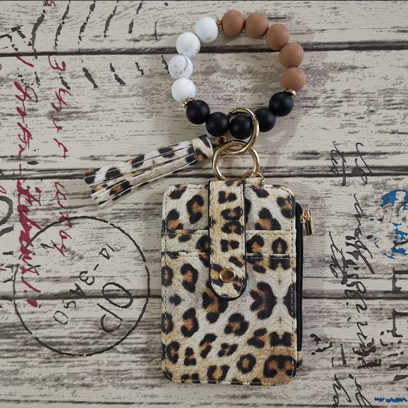 Beaded Bracelet Keychain Wristlet Wallet Card Holder with Zipper Pocket (Multicolor - Animal Print))