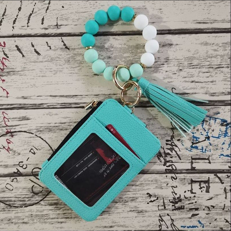 Beaded Bracelet Keychain Wristlet Wallet Card Holder with Zipper Pocket (Multicolors Solid Print)