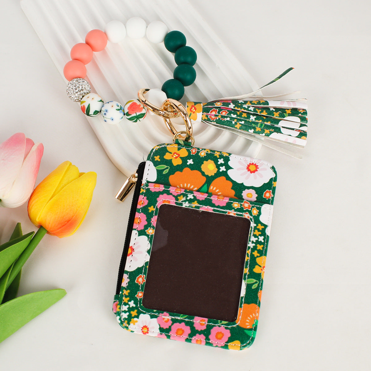 Beaded Bracelet Keychain Wristlet Wallet Card Holder with Zipper Pocket (Floral)