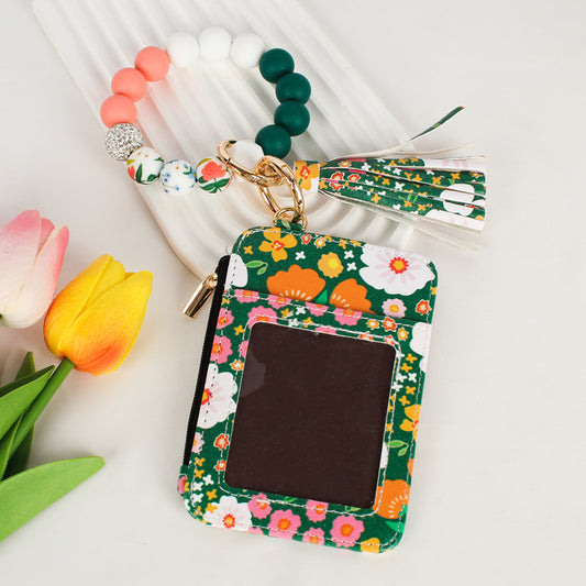 Beaded Bracelet Keychain Wristlet Wallet Card Holder with Zipper Pocket (Floral)