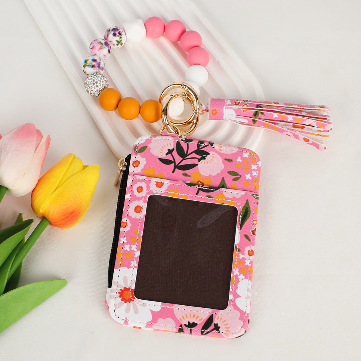 Beaded Bracelet Keychain Wristlet Wallet Card Holder with Zipper Pocket (Floral)