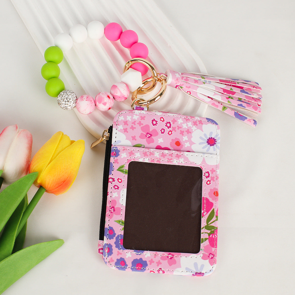 Beaded Bracelet Keychain Wristlet Wallet Card Holder with Zipper Pocket (Floral)