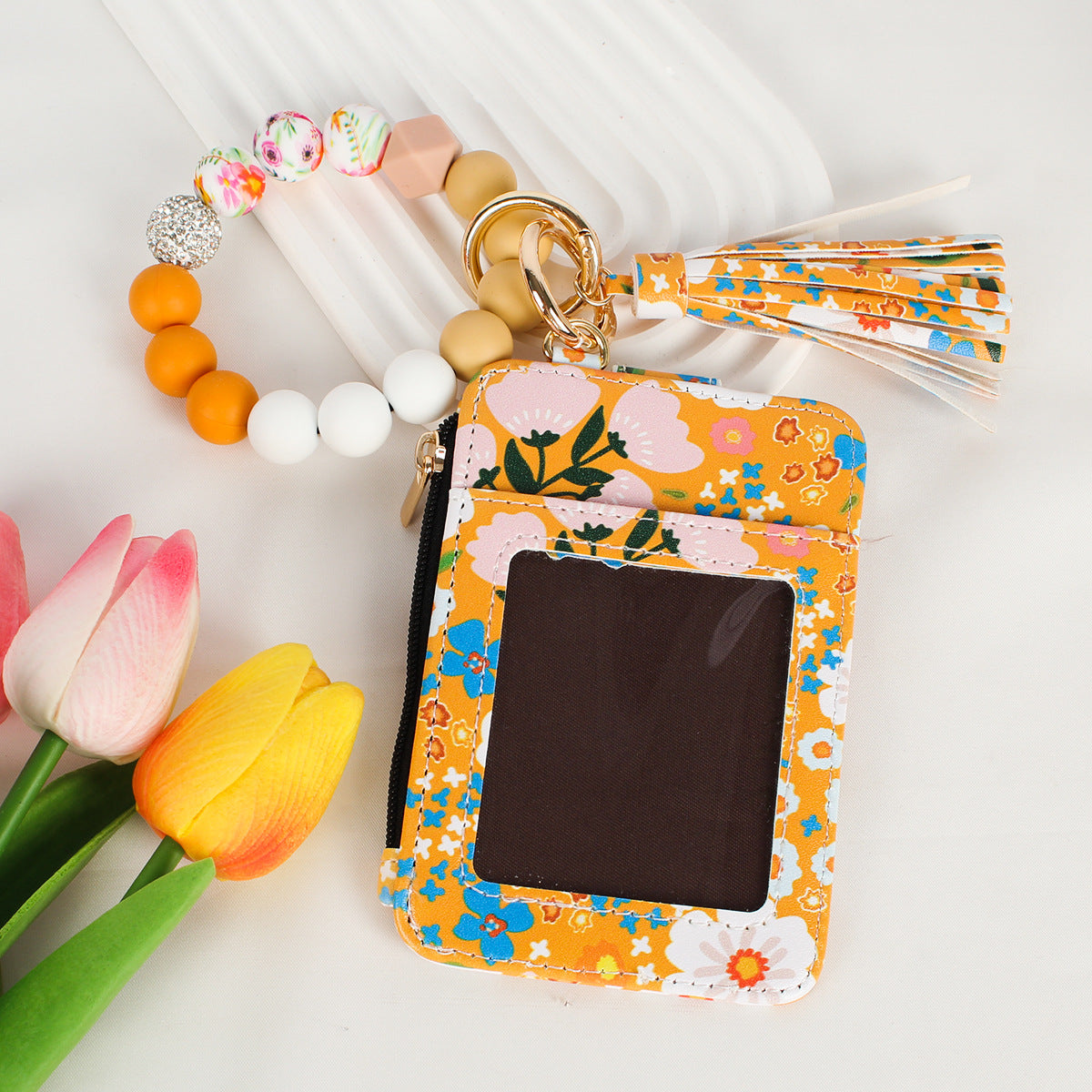 Beaded Bracelet Keychain Wristlet Wallet Card Holder with Zipper Pocket (Floral)