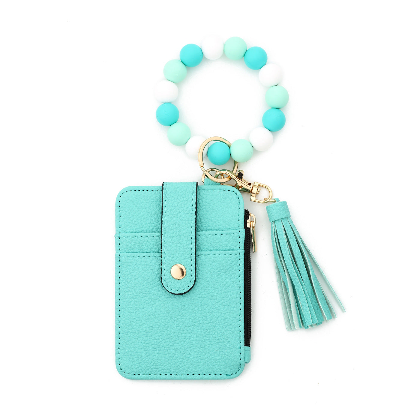 Beaded Bracelet Keychain Wristlet Wallet Card Holder with Zipper Pocket (Multicolors Solid Print)