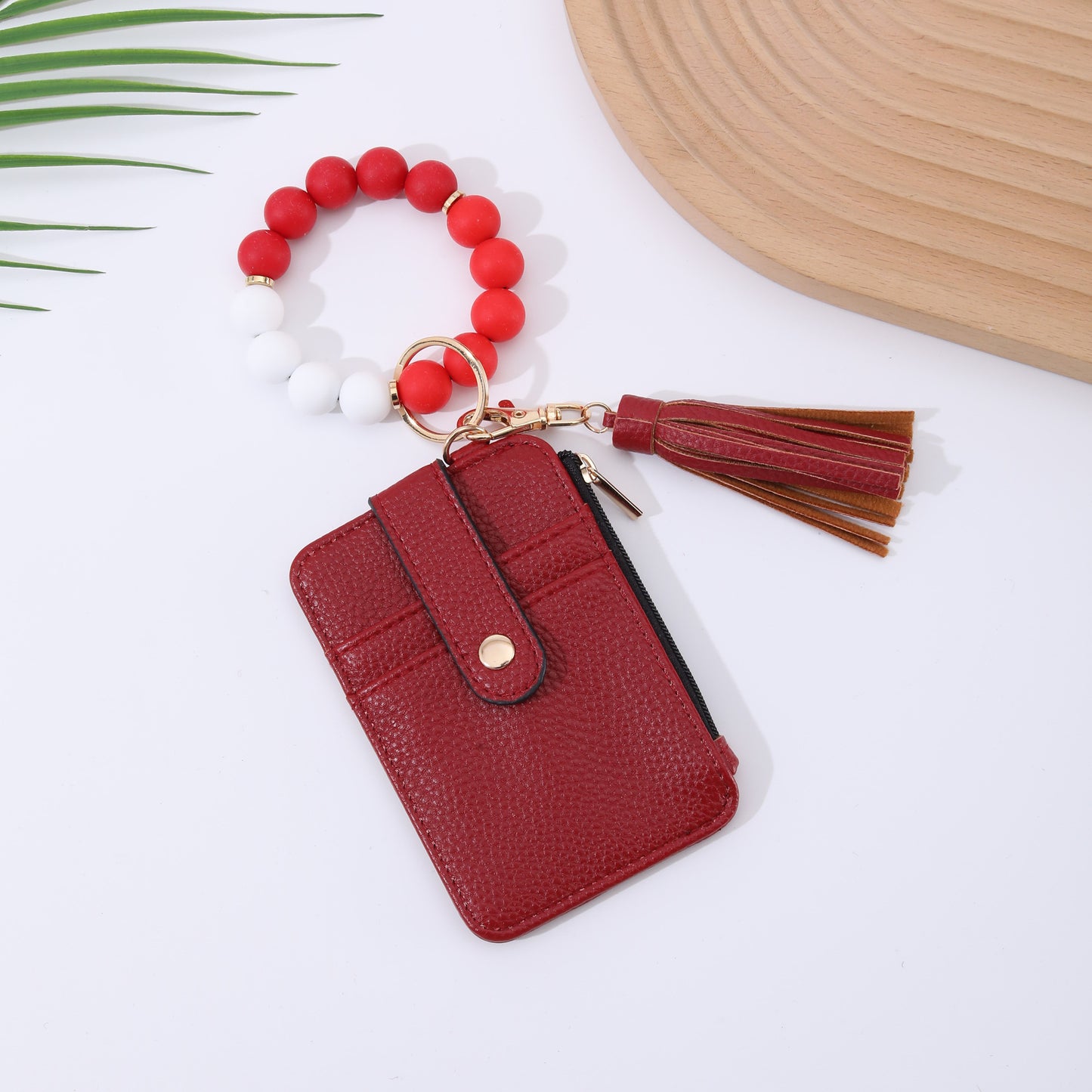Beaded Bracelet Keychain Wristlet Wallet Card Holder with Zipper Pocket (Multicolors Solid Print)