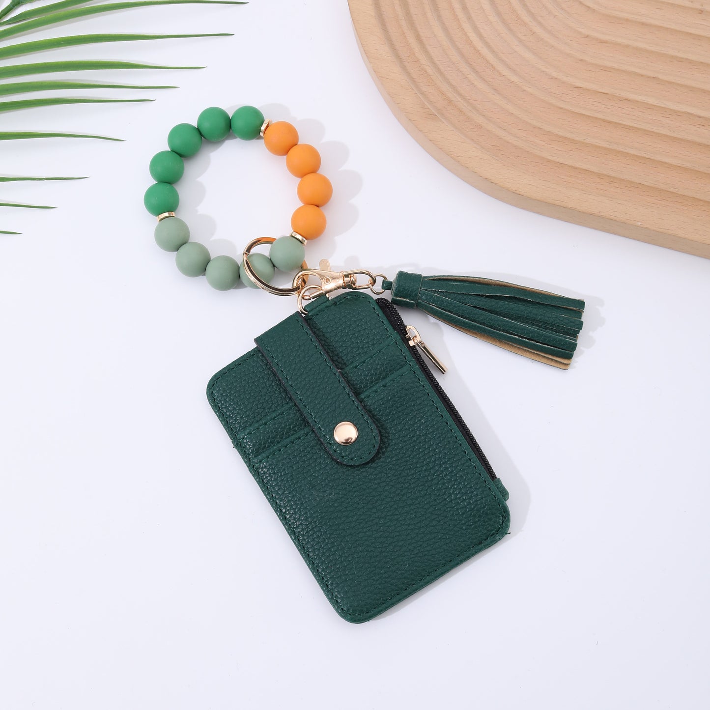 Beaded Bracelet Keychain Wristlet Wallet Card Holder with Zipper Pocket (Multicolors Solid Print)