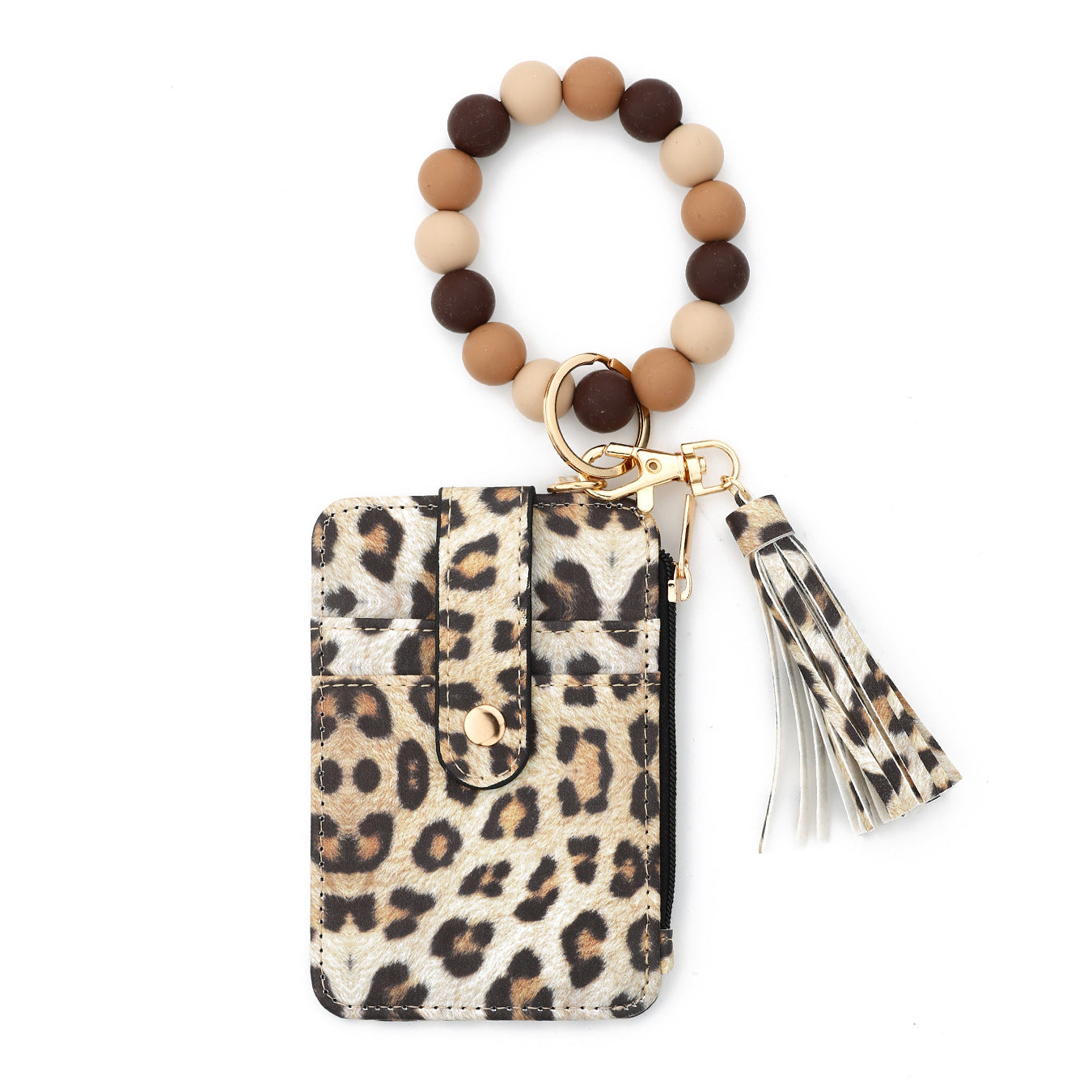 Beaded Bracelet Keychain Wristlet Wallet Card Holder with Zipper Pocket (Multicolor - Animal Print))