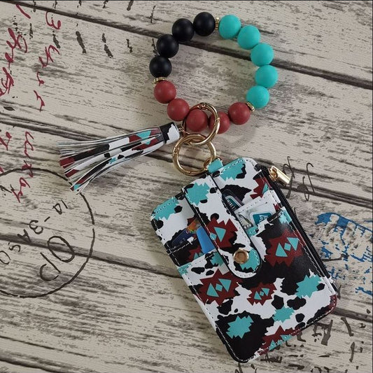 Beaded Bracelet Keychain Wristlet Wallet Card Holder with Zipper Pocket (Multicolor)