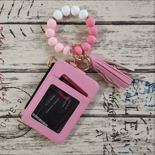 Beaded Bracelet Keychain Wristlet Wallet Card Holder with Zipper Pocket (Pink)