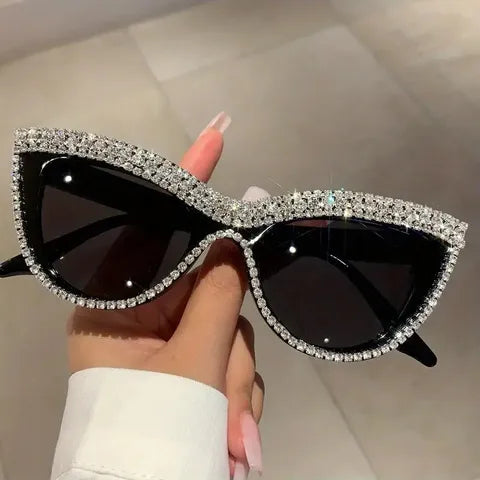 Crystal Ice Cat Eye Sunglasses (Black, Silver, Rhinestones)