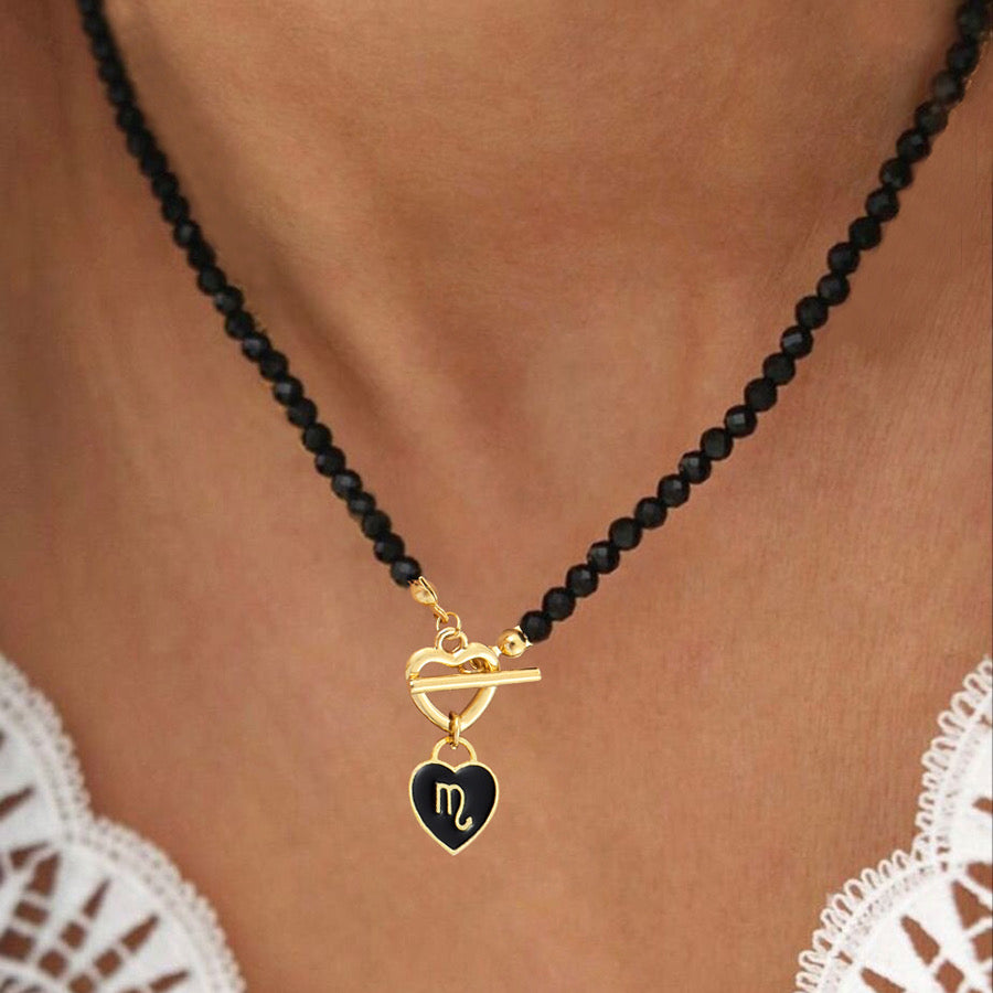 Scorpio Heart Black Beads & Gold Tone Necklace