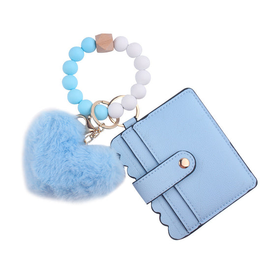 Beaded Bracelet Keychain Wristlet Wallet Card Holder with Zipper Pocket (Fuzzy Blue Heart)