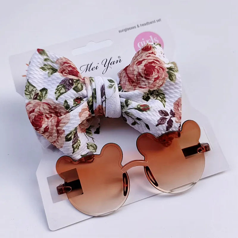 Cute Kids Bow &  Sunglasses (White, Pink Floral)