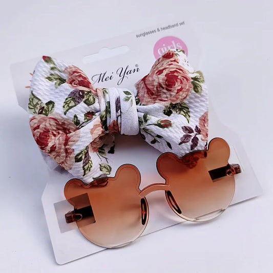 Cute Kids Bow &  Sunglasses (White, Pink Floral)