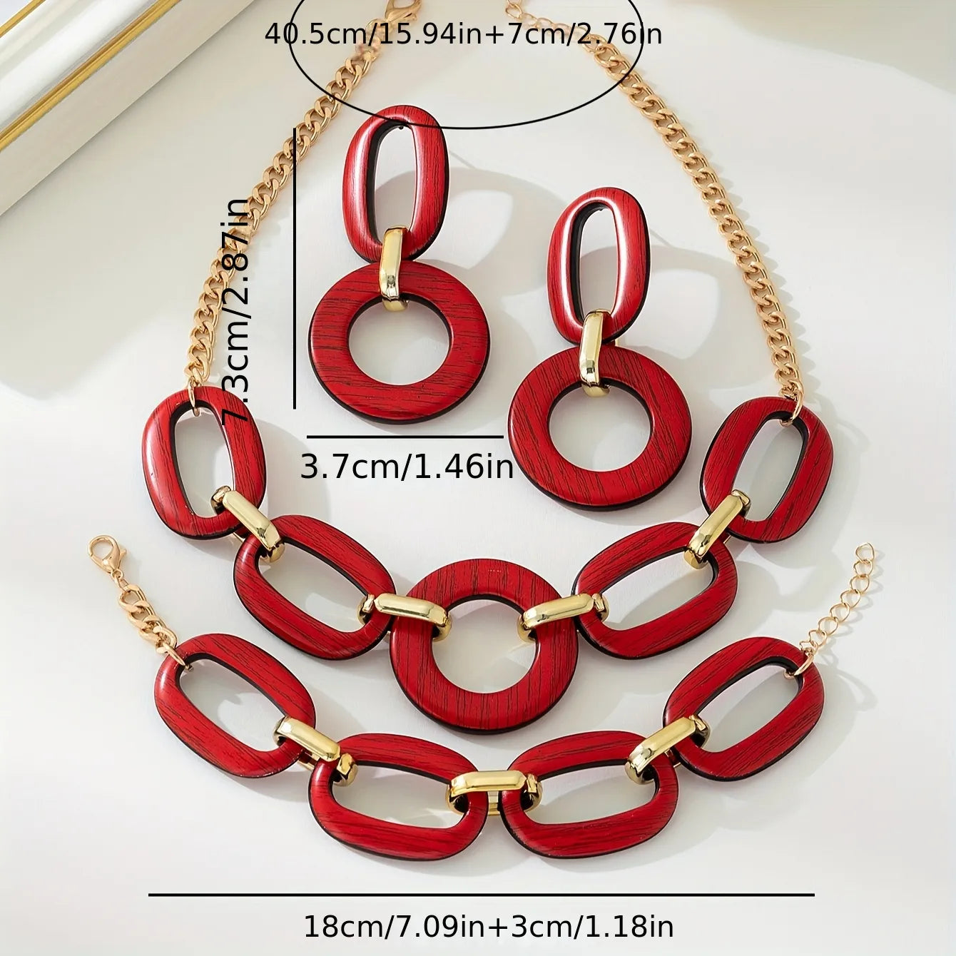 Wood Cuban Link Necklace, Earring, Bracelet 3 Piece Set (Red, Gold)