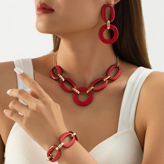 Wood Cuban Link Necklace, Earring, Bracelet 3 Piece Set (Red, Gold)