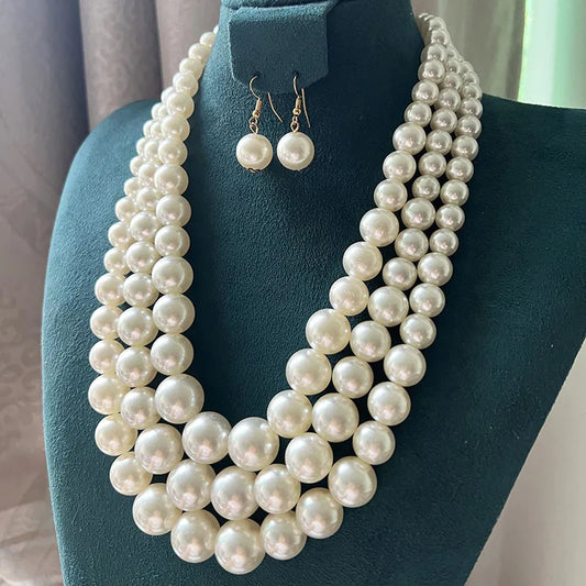Three Layer Fashion Pearl Necklace Set (White)