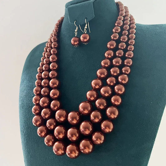 Three Layer Fashion Pearl Necklace Set (Brown)