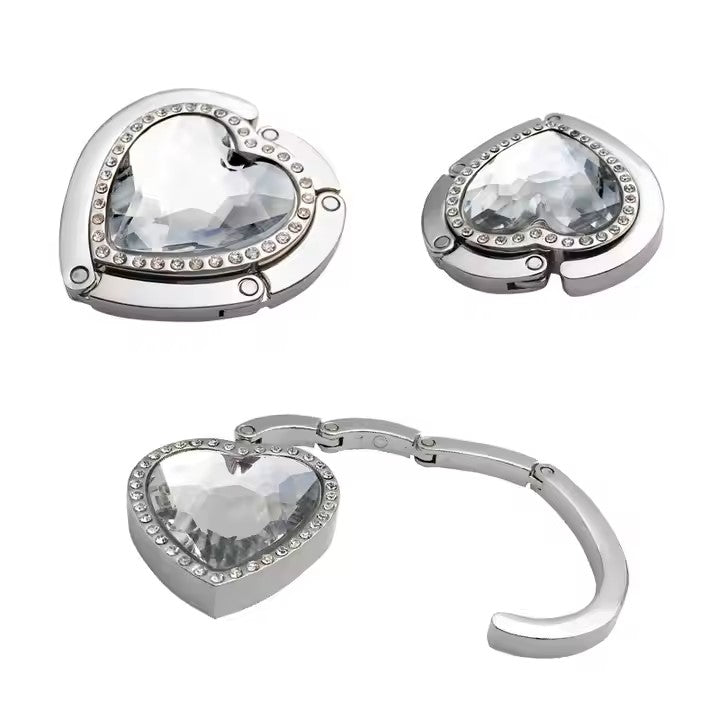 Folded Handbag Holder Table Hook (Clear, Silver Crystal Heart)