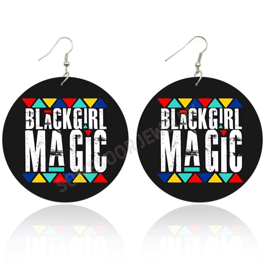Cultural Wood Fashion Earrings - Black Girl Magic (Black, Green, Yellow, Red, Blue Multi-Colors)