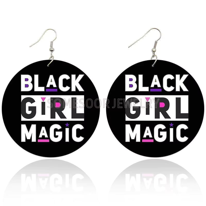 Cultural Wood Fashion Earrings - Black Girl Magic (Black, White, Pink)