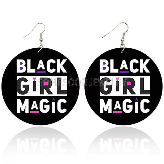 Cultural Wood Fashion Earrings - Black Girl Magic (Black, White, Pink)