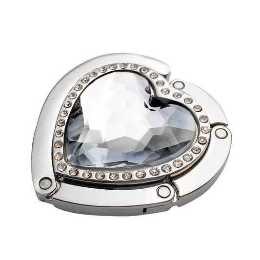 Folded Handbag Holder Table Hook (Clear, Silver Crystal Heart)