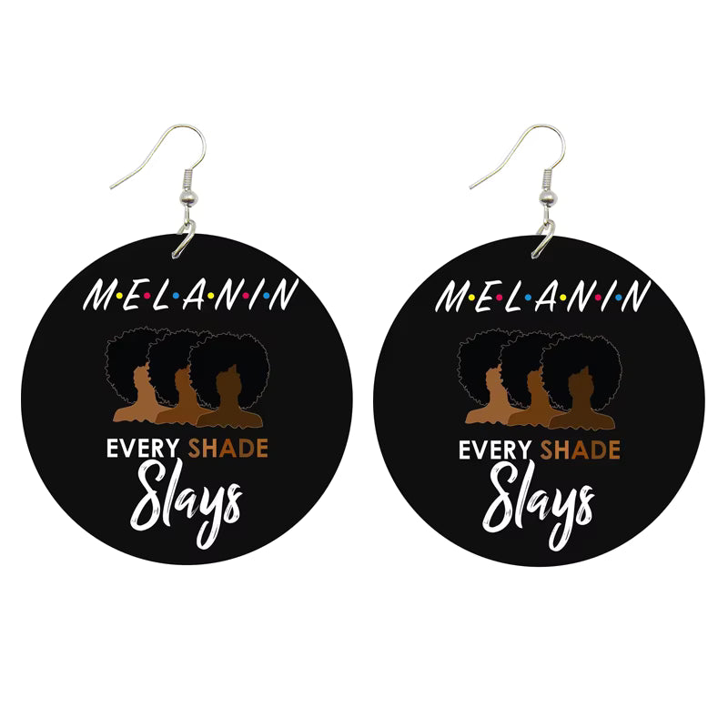 Cultural Wood Fashion Earrings - Melanin Slays (Brown, White, Black)