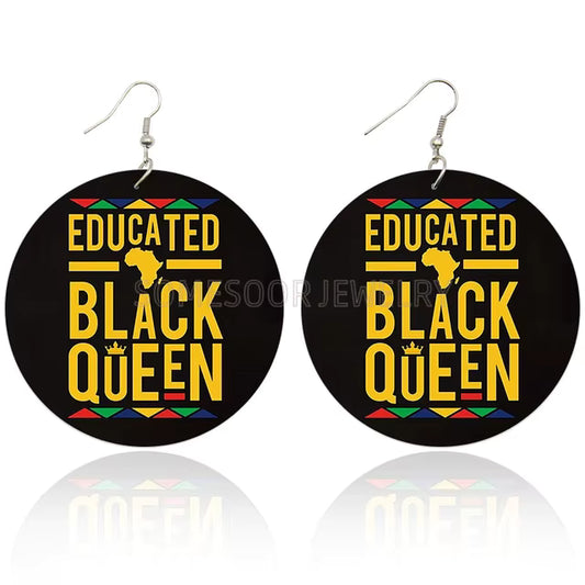Cultural Wood Fashion Earrings - Educated Black Queen (Black, Yellow, Red, Blue, Green)