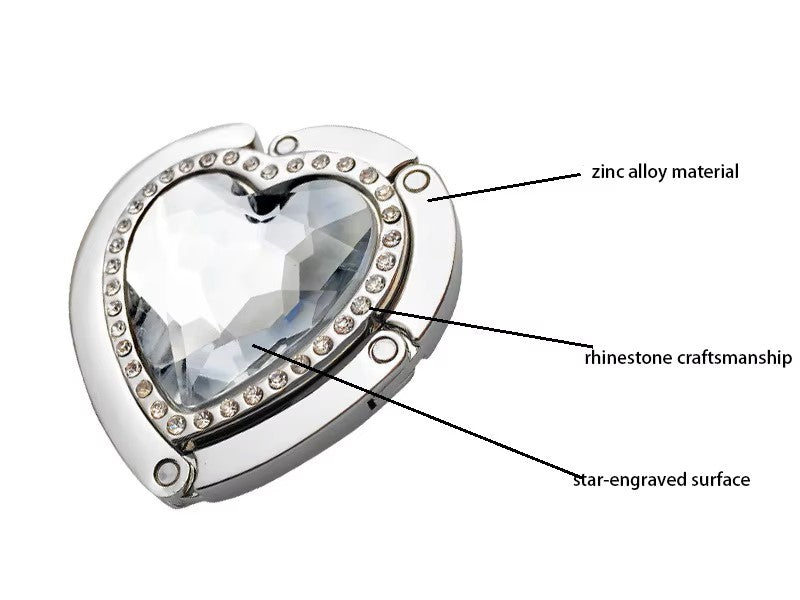 Folded Handbag Holder Table Hook (Clear, Silver Crystal Heart)