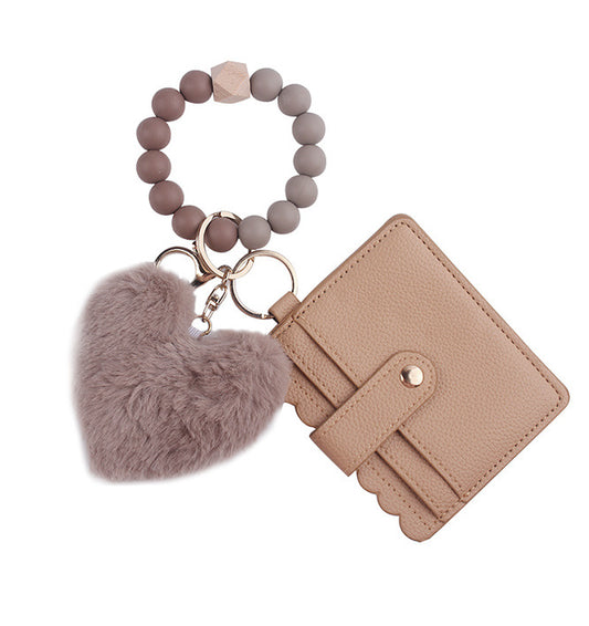Beaded Bracelet Keychain Wristlet Wallet Card Holder with Zipper Pocket (Fuzzy Brown Heart)