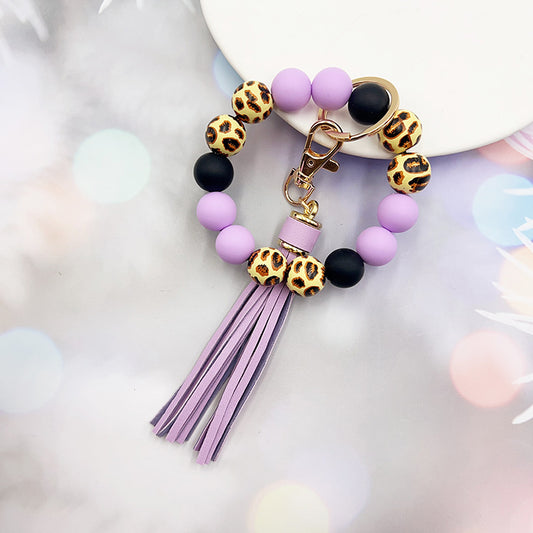 Beaded Bracelet Keychain Wristlet  (Purple Leopard, Multicolor)