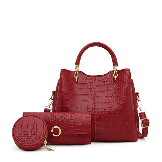 3 Piece Crocodile Pattern Fashion Purse Set (Red)