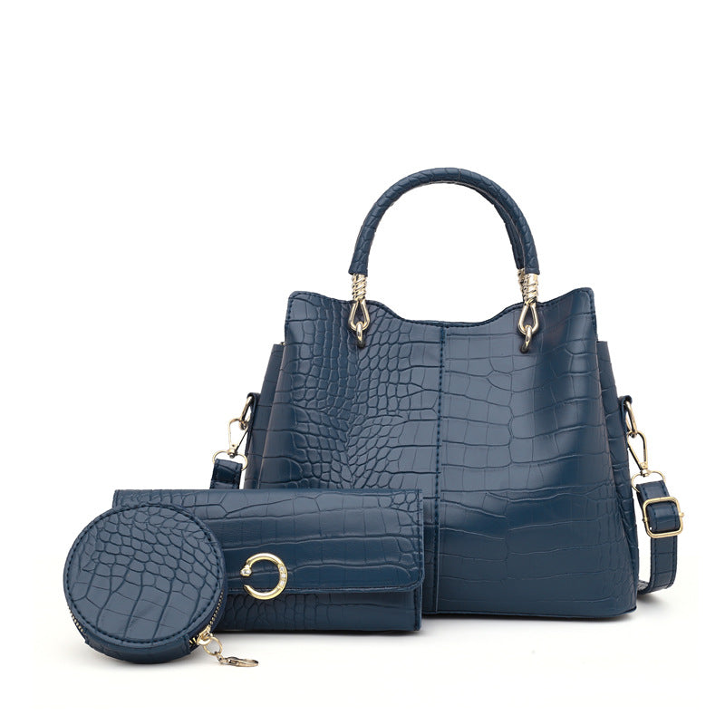 3 Piece Crocodile Pattern Fashion Purse Set (Navy Blue)