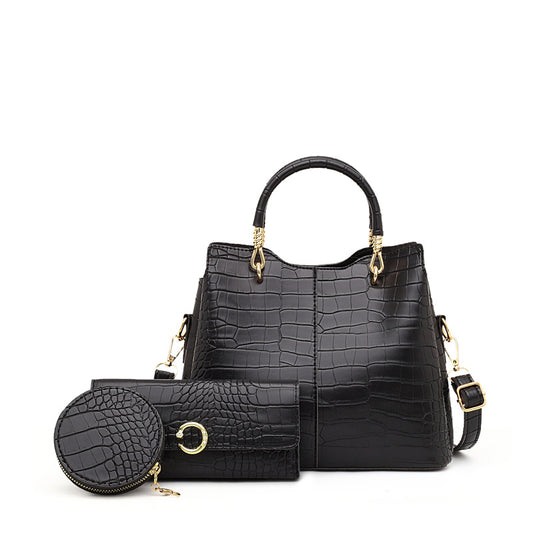 3 Piece Crocodile Pattern Fashion Purse Set (Black)