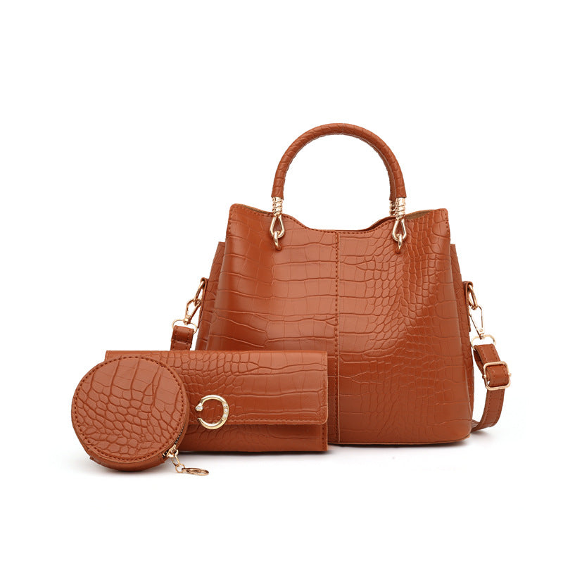 3 Piece Crocodile Pattern Fashion Purse Set (Brown)